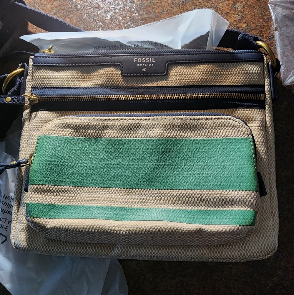 Fossil Crossbody- Coated Canvas with blue stripes and a blue nylon strap